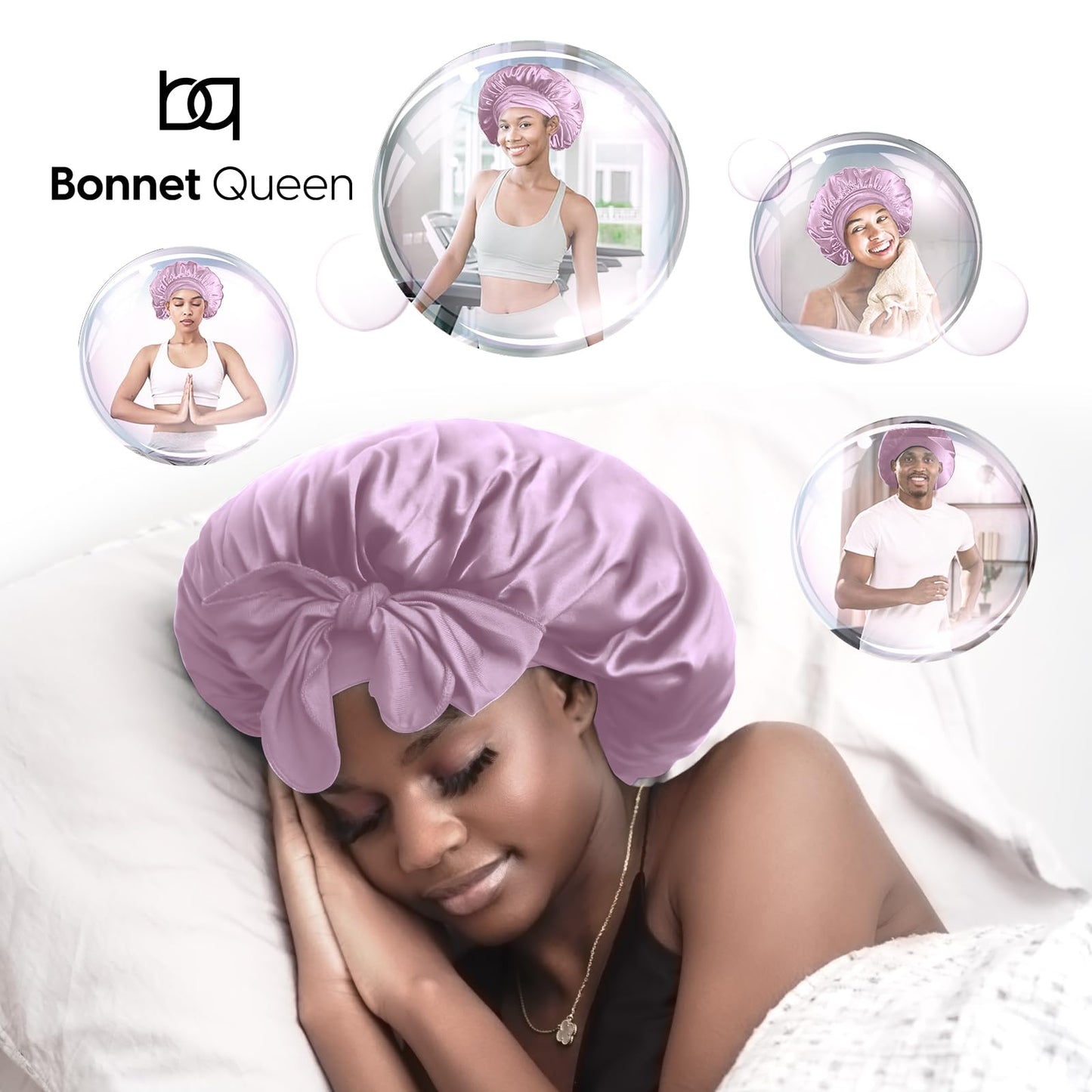 BONNET QUEEN Silk Bonnet for Sleeping Women Satin Bonnet Hair Bonnet Night Sleep Cap for Curly Hair with tie Band Lilac Grey