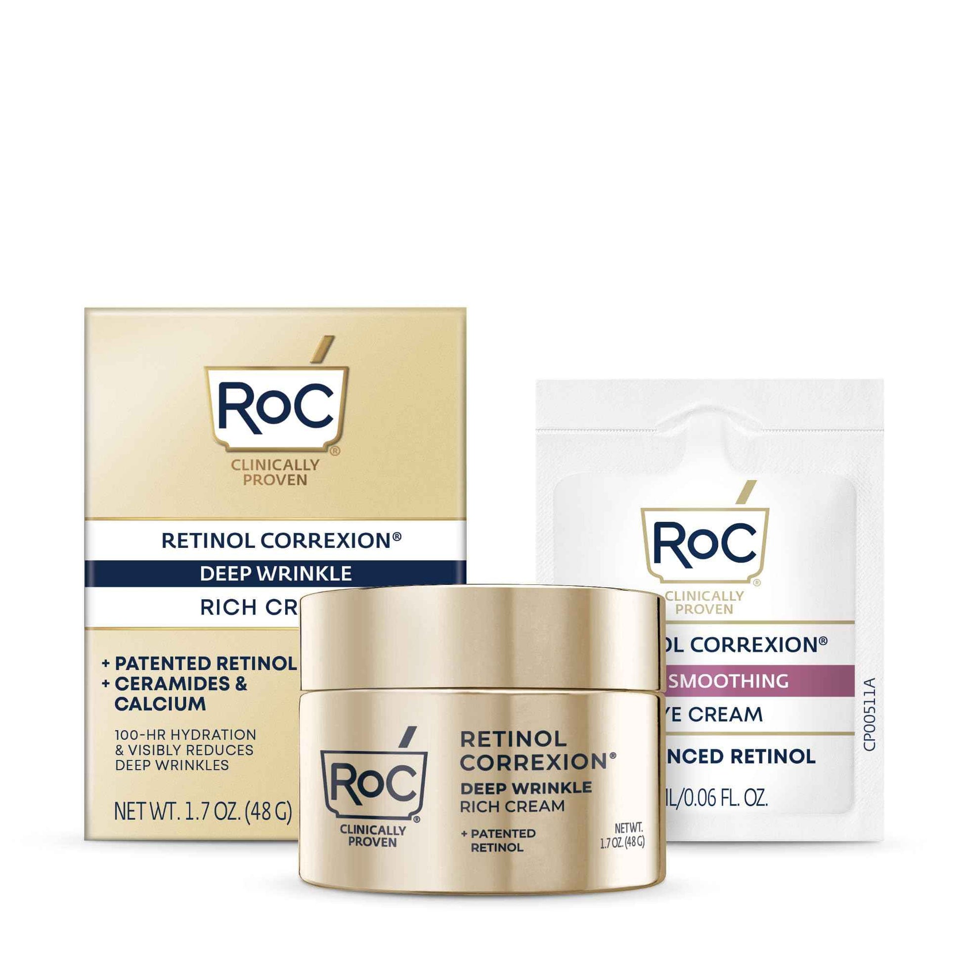 RoC Deep Wrinkle Rich Cream, Fragrance Free, Daily Anti-Aging Firming Cream For Persistent Dryness & Younger-Looking Skin For Women & Men, With Line Smoothing Eye Cream Packette, 1.7oz