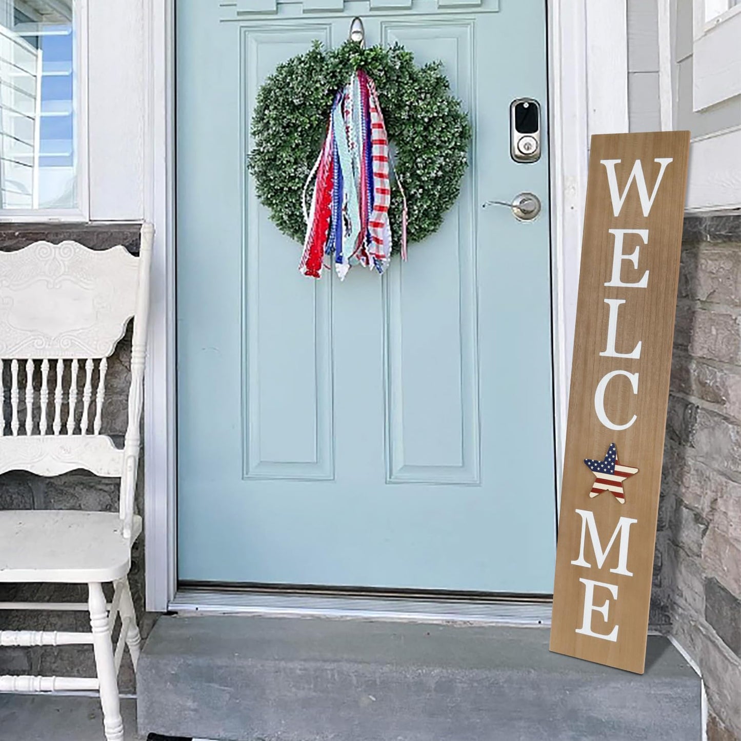 Interchangeable Welcome Sign for Front Porch- 45"X9" Large Standing/Hanging Wooden Sign with 12 PCS Replaceable Icons for Farmhouse Harvest Fall Halloween Thanksgiving Christmas Porch Wall Yard Decorations