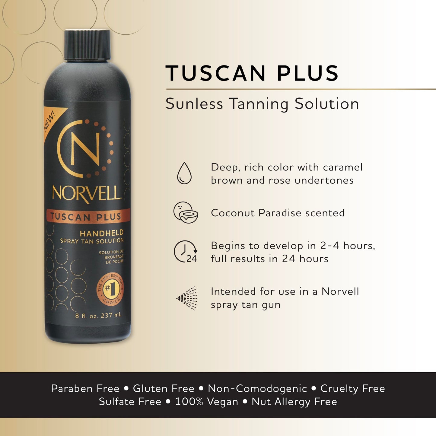 Norvell Tuscan Plus Sunless Tanning Solution, Caramel Brown and Rose Tan, 8 fl oz – Professional Spray Tan Solution for Spray Tan Machine – Unleash Confidence with Instant, Long-Lasting Natural Color