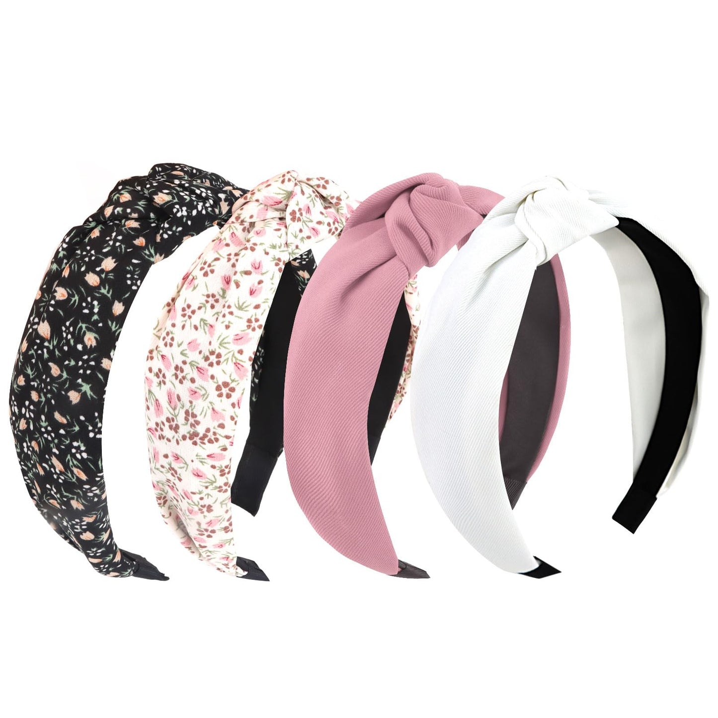 YISSION 4PCS Knotted Headbands for Women Girls Non Slip Flower Printed Head Bands Top Knot Headband for Women Black White Pink Headband Hair Accessories for Women