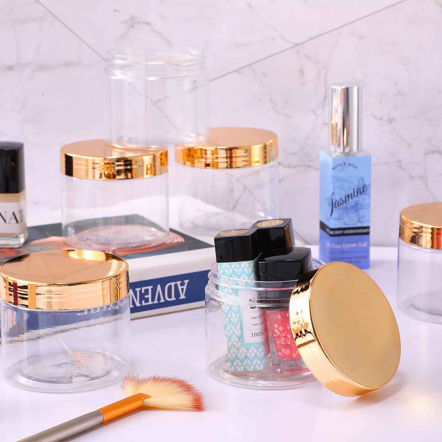 Patelai 48 Pack 6 oz Clear Plastic Jars with Gold Lids Empty Containers Round Clear Plastic Jars Wide-mouth Refillable Storage Organizers for Cosmetics Lotions Butters Slime Making and Food Storage