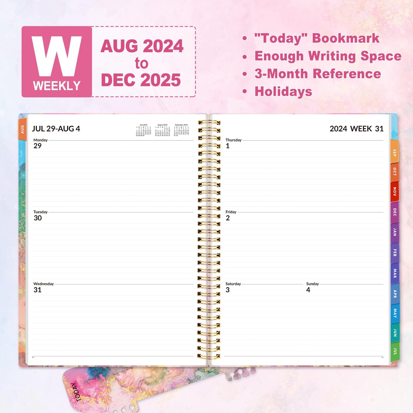 SUNEE Academic Planner 2024-2025 Weekly and Monthly - from August 2024 - December 2025, 8.5"x11" School Year Calendar Daily Planner with Monthly Tab, Flexible Cover, Note Pages, Pockets, Bookmark,