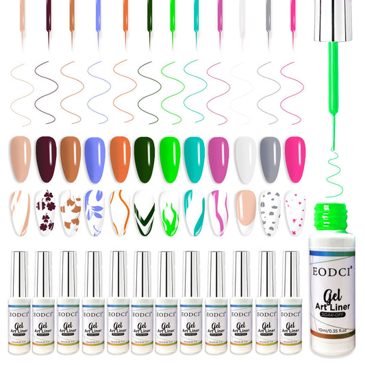 eodci Nail Art Gel Liner 12 Color Line Art Painted Gel Nail Polish Set Pink Green grey Bown for Nails Painting Drawing Soak Off UV LED Curing Requires Bulid in Thin Nail Art Brush