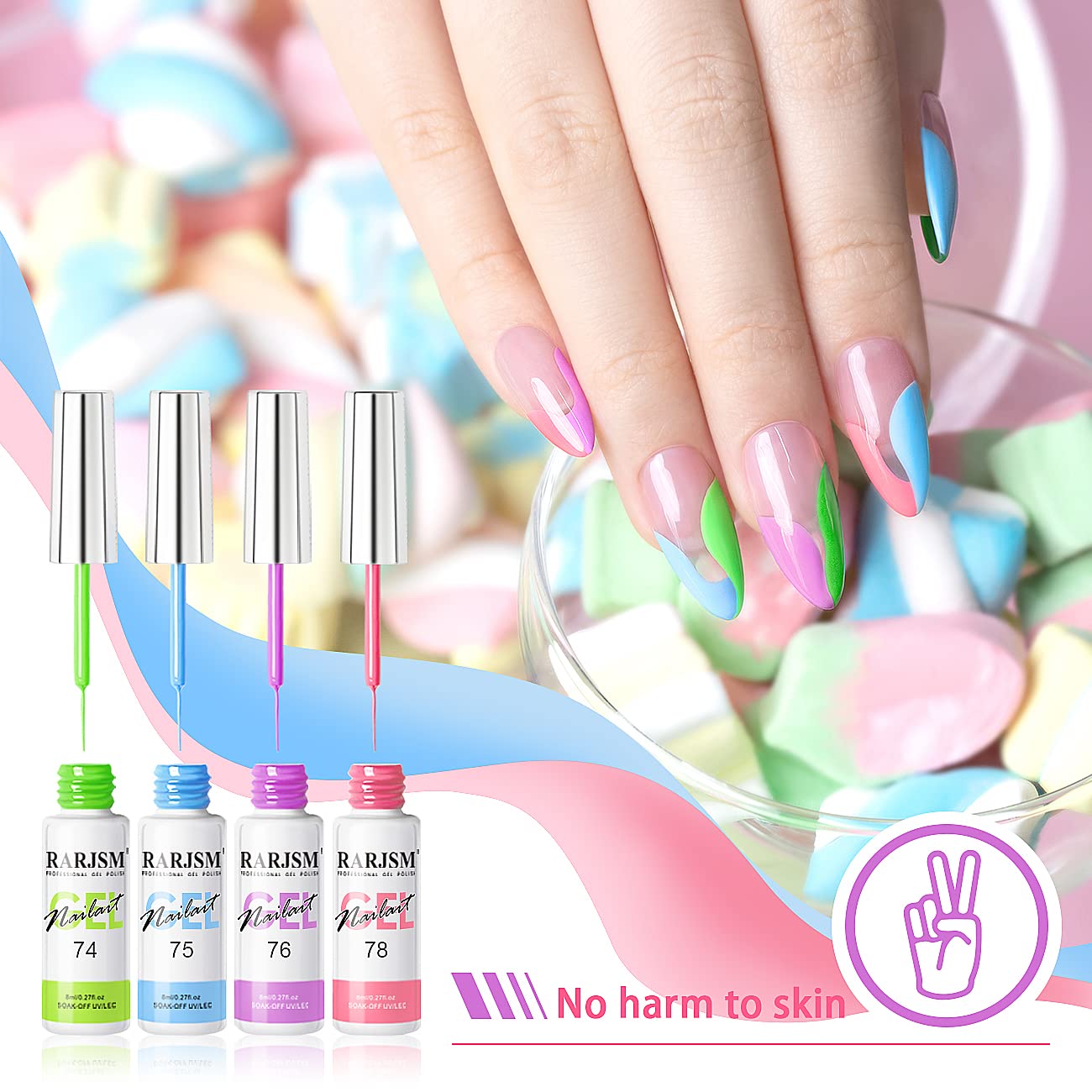 RARJSM Nail Art Liner Gel Polish 6pcs Set Marshmallow Pastel Yellow Green Blue Purple Orange Pink Spring Summer Colors Line Gel Painting for Nail Design Bulid in Thin Brush Curing Requires 8ml