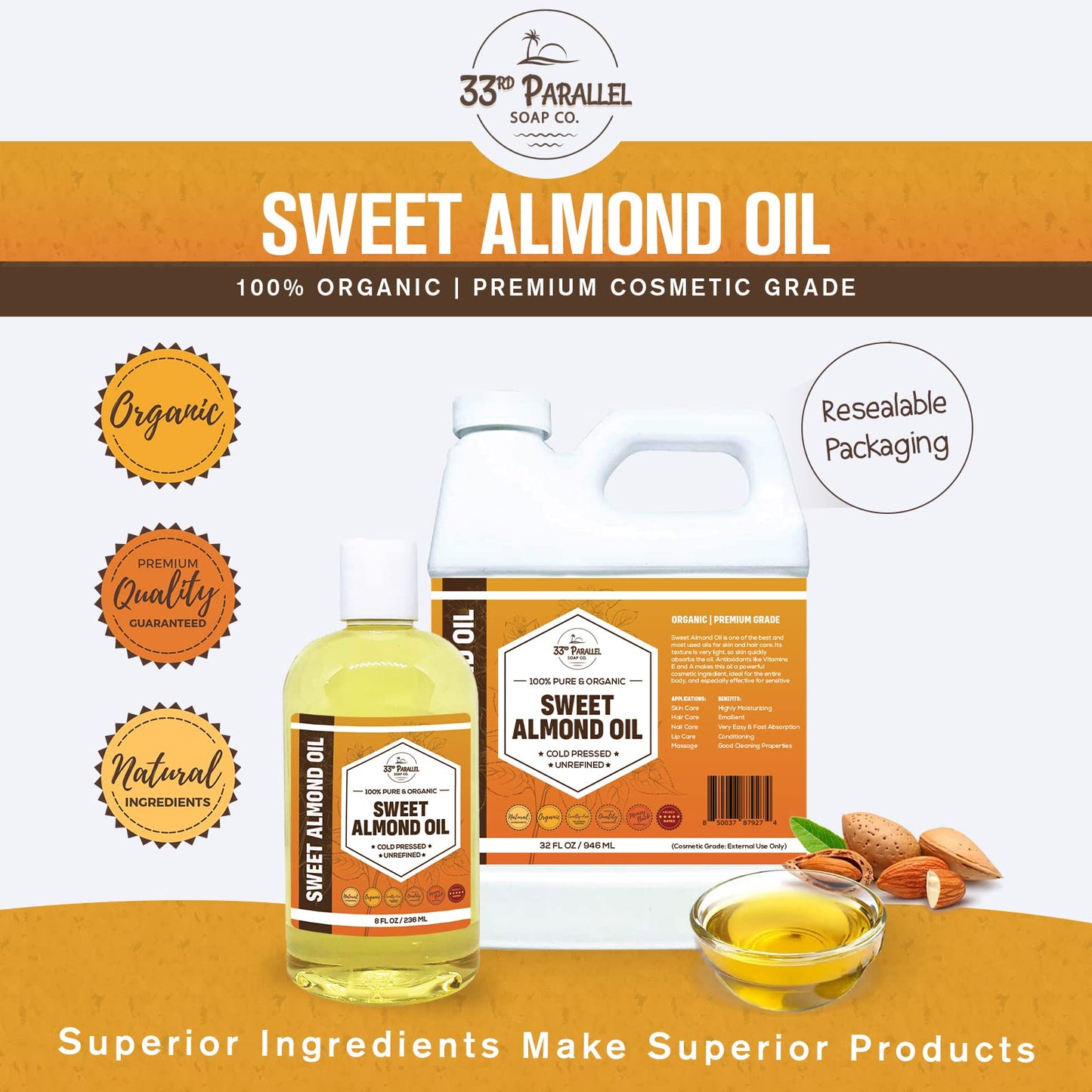 ORGANIC SWEET ALMOND OIL (16 oz) Premium Cold Pressed Unrefined | 100% Pure Sweet Almond Oil for Skin, Face, Hair, Soap Making | Carrier for Essential Oils | Available in Bulk | 16 FL OZ