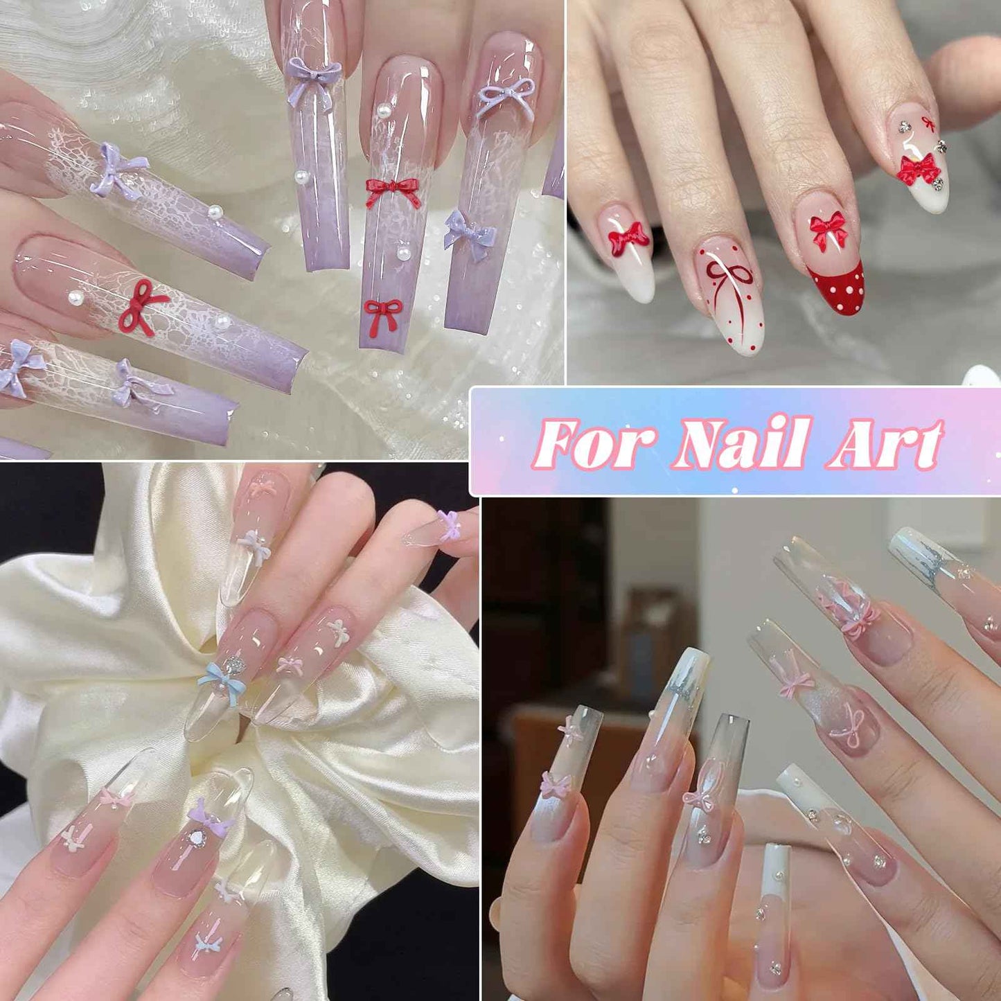 2 Boxes 3D Bow Nail Charms, Red Mini Bow Charms Transparent/Solid Resin Bow with Pickup Tools for Women Nail Decorations DIY Craft