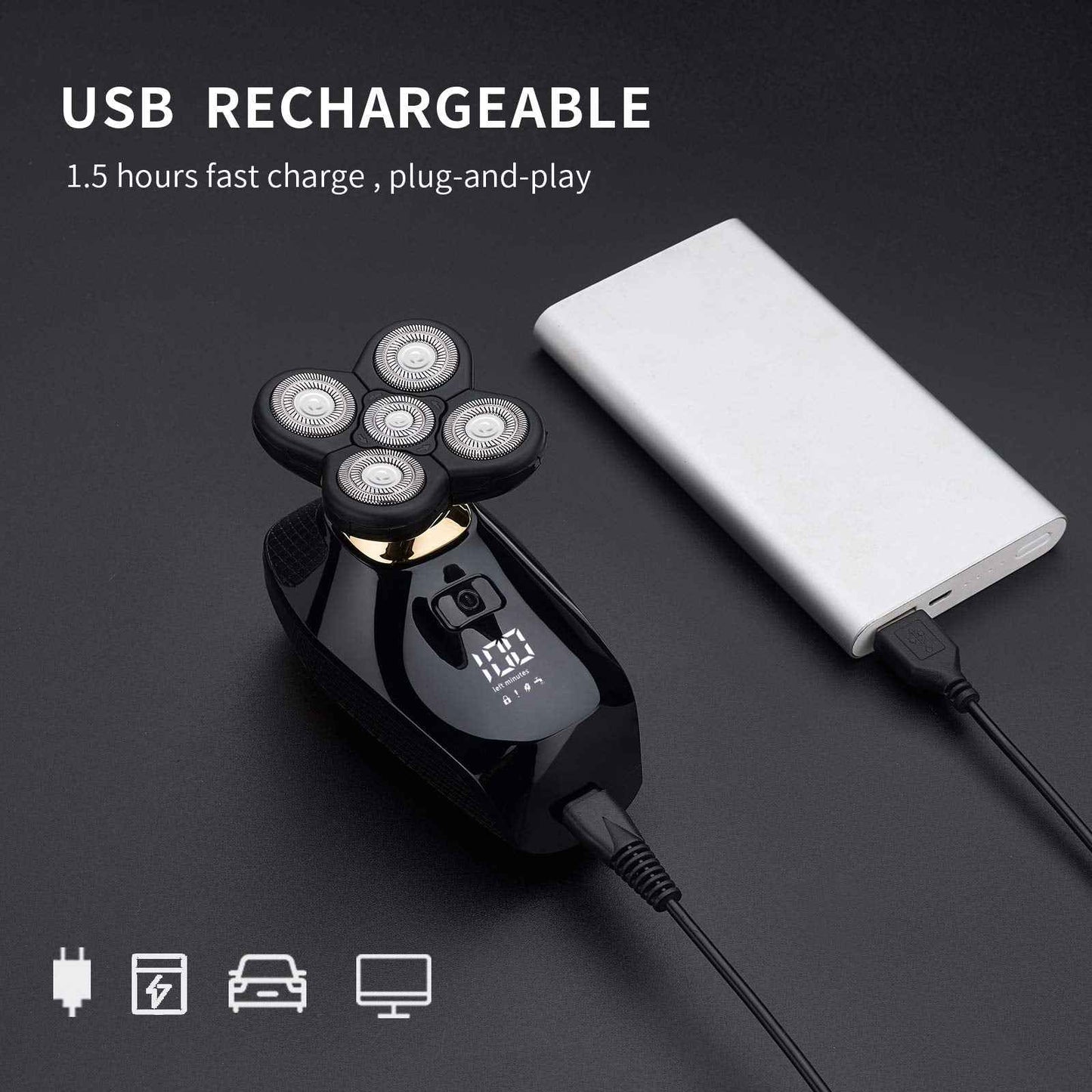 HONTEC 4 in 1 Electric Head Shaver Set - Bald Shaver, Wet & Dry, Cordless, with Nose & Ear Trimmer, Facial Cleansing, Rechargeable, IPX6 Waterproof