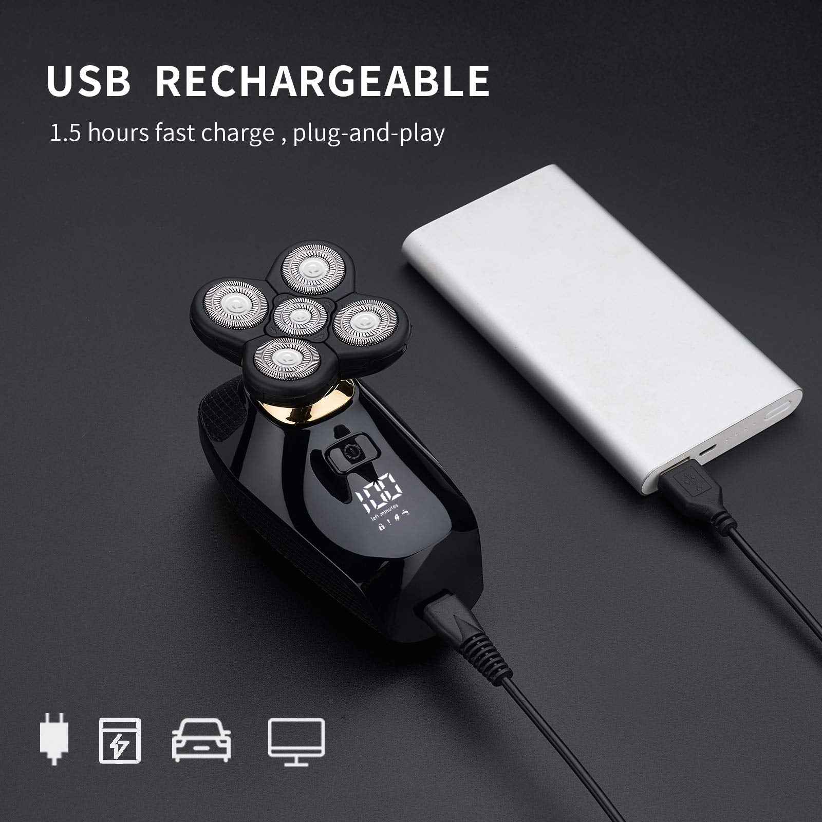 HONTEC 4 in 1 Electric Head Shaver Set - Bald Shaver, Wet & Dry, Cordless, with Nose & Ear Trimmer, Facial Cleansing, Rechargeable, IPX6 Waterproof