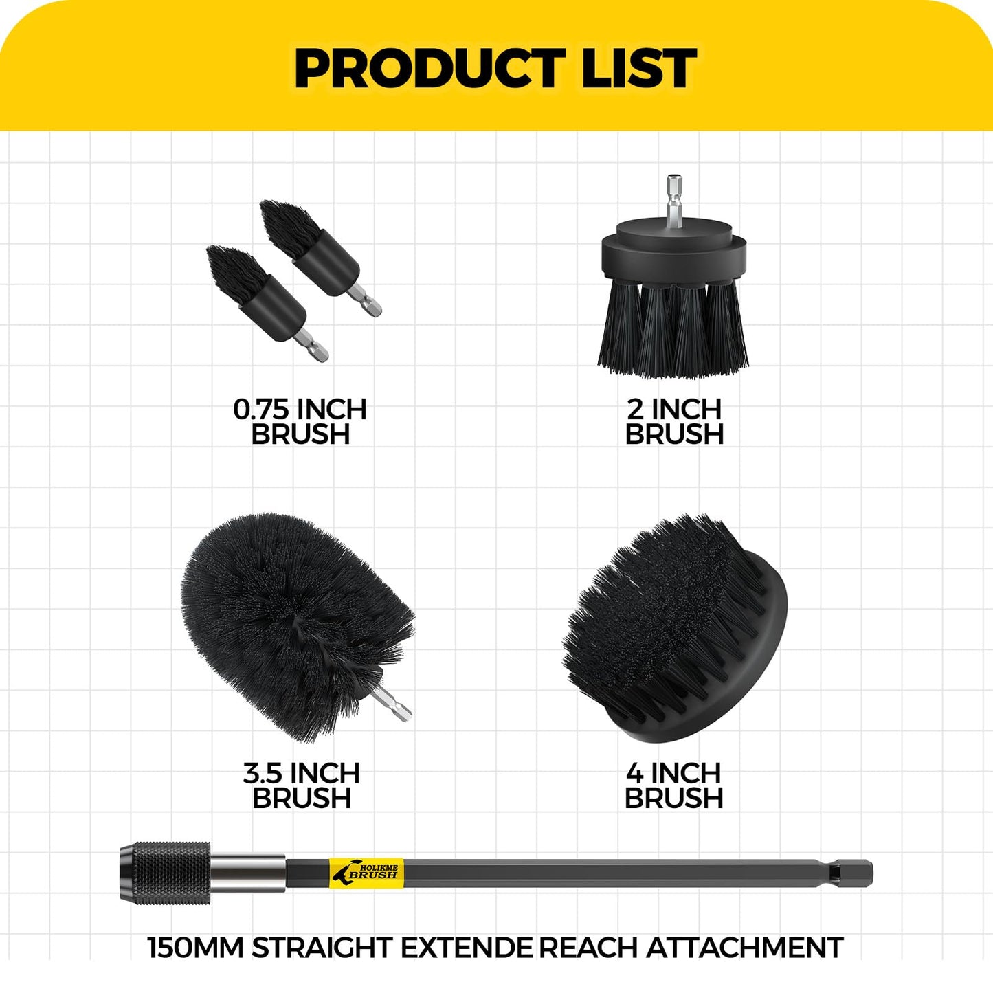 Holikme 6Pack Drill Brush Power Scrubber Cleaning Brush Extended Long Attachment Set All Purpose Drill Scrub Brushes Kit for Grout, Floor, Tub, Shower, Tile, Bathroom Black