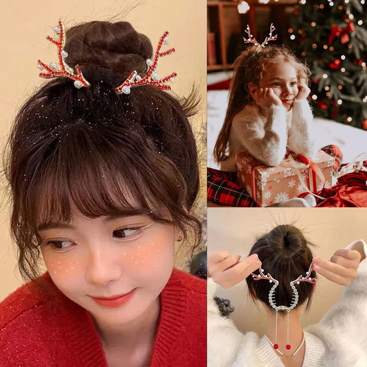 2Pcs Christmas Hair Clips Winter Reindeer Ponytail Bun Holder Metal Elk Hair Claw Clip for Ponytail Hairstyle Christmas Hair Accessories with Rhinestone Pearl Design Reindeer Claw Clips for Women Kids