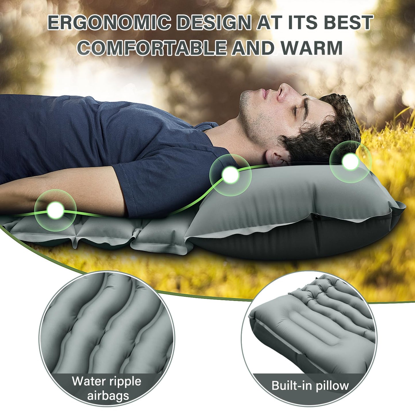 Camping Sleeping Pad, Ultralight Camping Pad with Pillow, Built-in Foot Pump Inflatable Sleeping Pad, Compact Size for Camping, Backpacking, Hiking - Gray