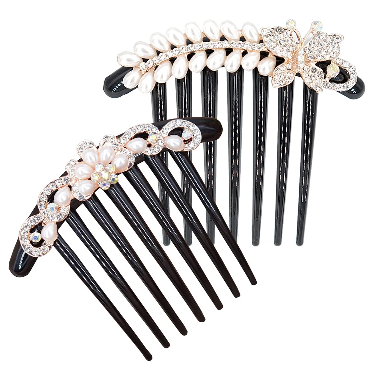 Yusier 2 PCS Bride Pearl Crown Side Comb Hair Ornament Rhinestone Butterfly Metal Hairstyle Decoration Elegant Flower Wedding Hair Accessories(G)