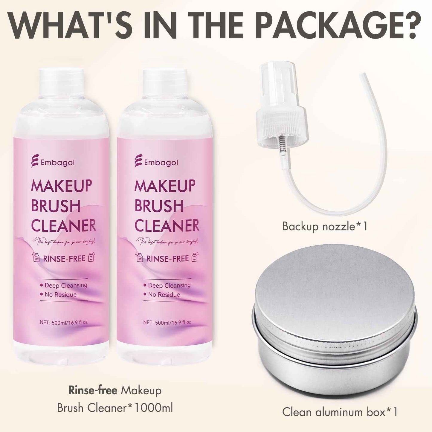 Embagol Makeup Brush Cleaner, Easily Remove Stubborn Makeup, Dirt & Impurities from Makeup Brushes, Rinse-Free & Quick Drying & Vegan & Cruelty-Free(1000 ml/33.8 fl oz, pack of 2)