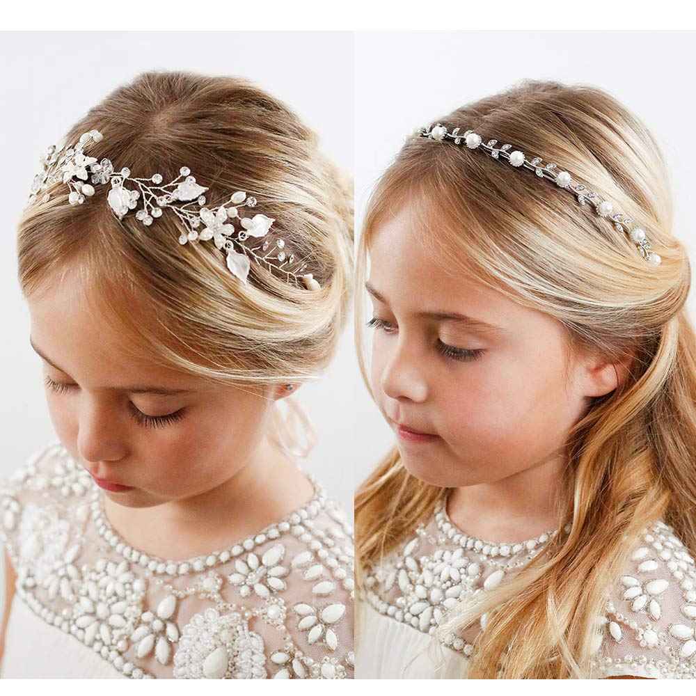 SWEETV 2pcs Sliver Flower Girl Headpiece Wedding Headband for Girls, Pearl Bridal Hair Accessories for Birthday Party, First Communion