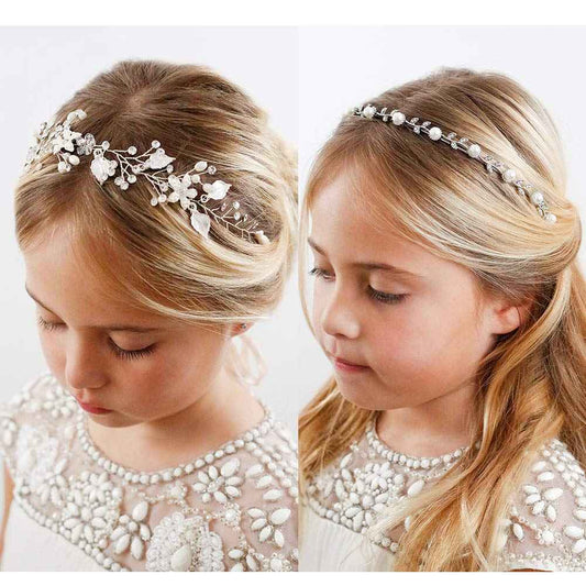 SWEETV 2pcs Sliver Flower Girl Headpiece Wedding Headband for Girls, Pearl Bridal Hair Accessories for Birthday Party, First Communion