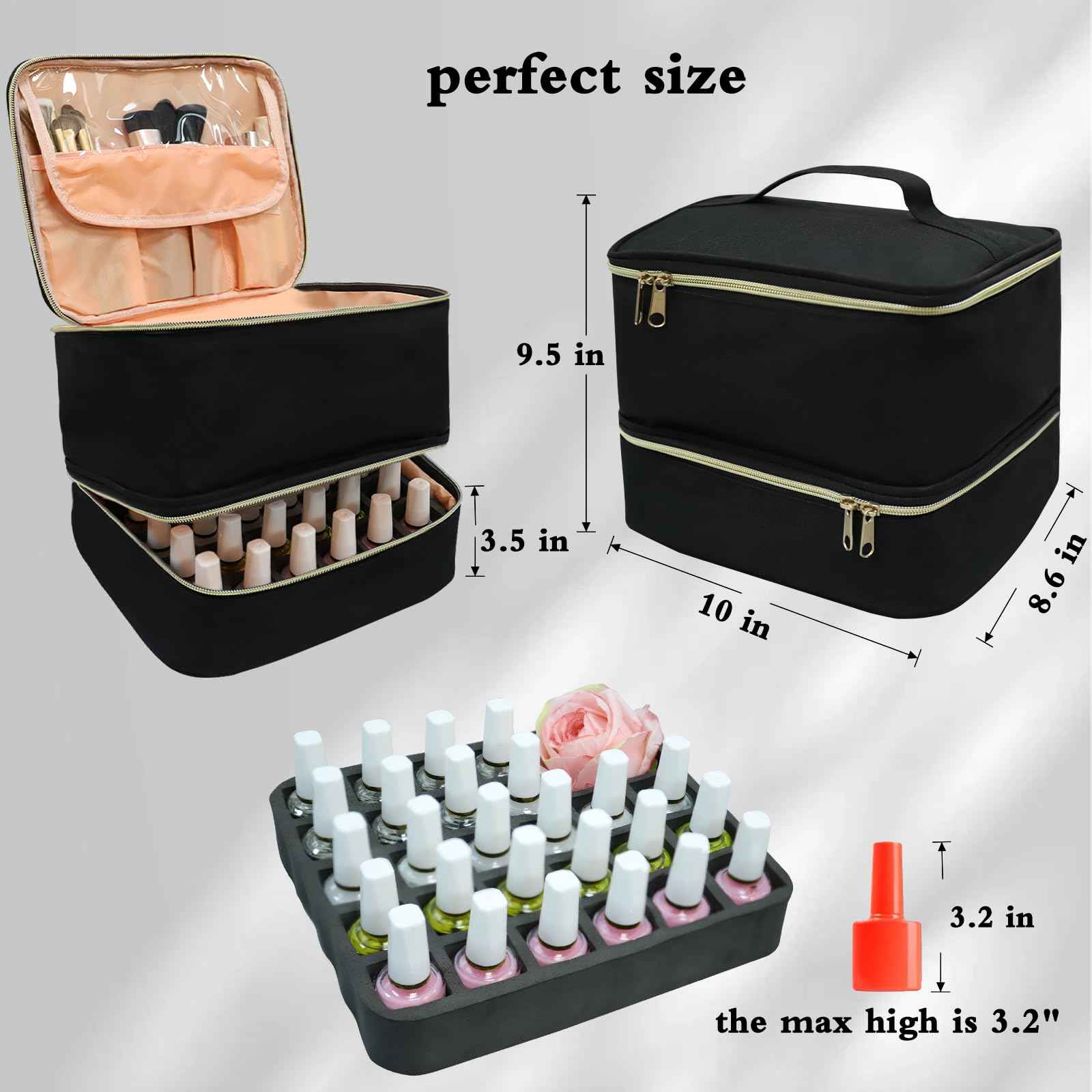 LIVEBAY Nail Polish Organizer Bag, Double-Layer Nail Supplies Organizer Holds 30 Bottles & Nail Lamp, Professional Nail Kit Storage Carrying Case (Black)