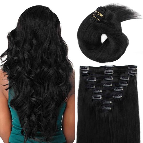 ABH AMAZINGBEAUTY HAIR Clip in Hair Extensions Real Human Hair Invisible Double Wefts 100% Real Remy Human Hair Clip in Extensions Silky Straight Jet Black 18 Clips 90G 16 Inch