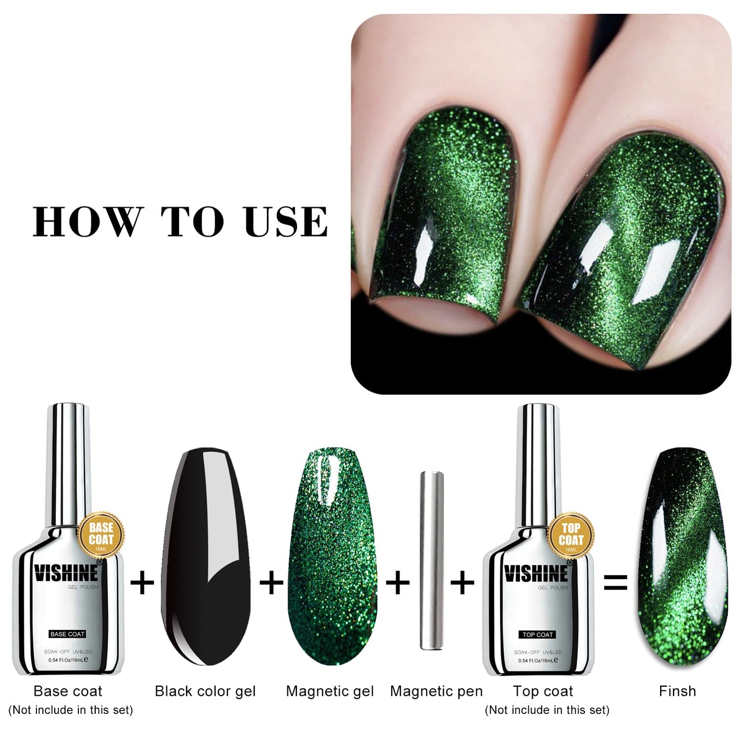 Vishine 9D Cat Eye Green Gel Nail Polish with Magnet Galaxy Cateye Chameleon Nail Gel Polish Manicure Soak Off UV Gel DIY Salon Home 16ml