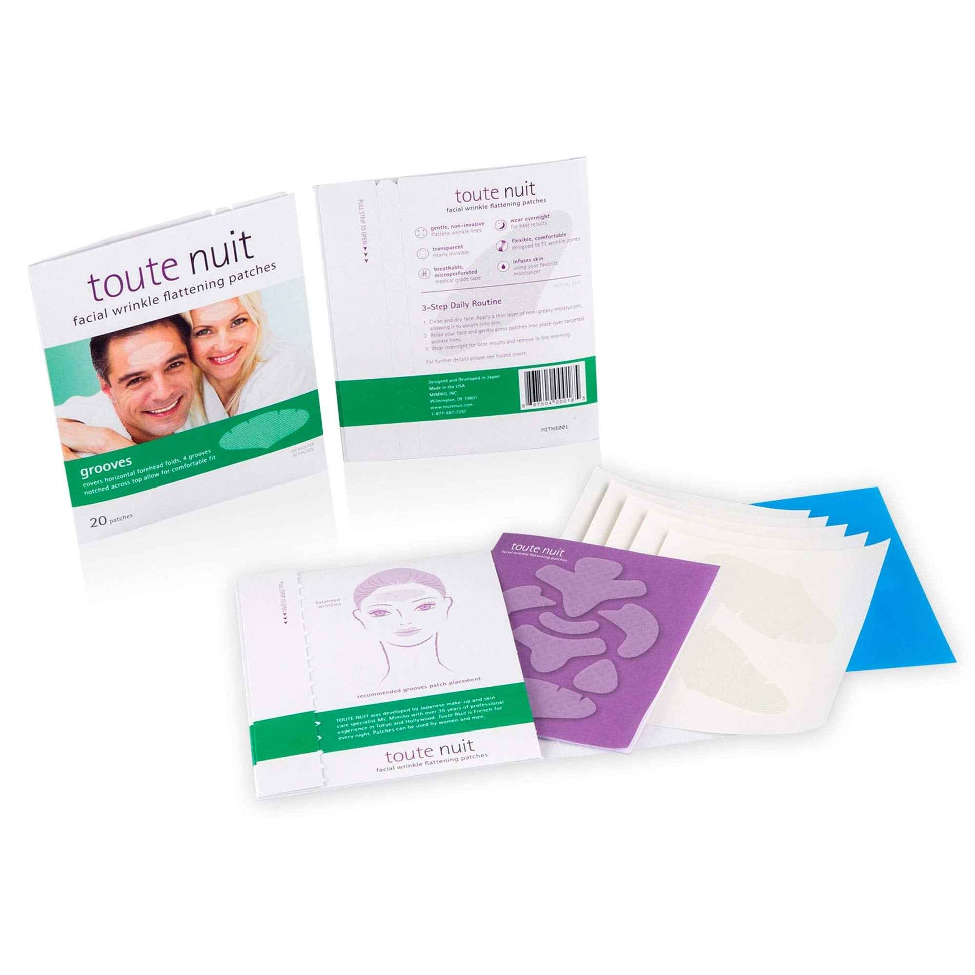 Toute Nuit Wrinkle Patches – Grooves – Face Tape for Maximum Forehead Coverage – Hypoallergenic Anti Wrinkle Patches – 20 Count, Made in USA (Pack of 2)