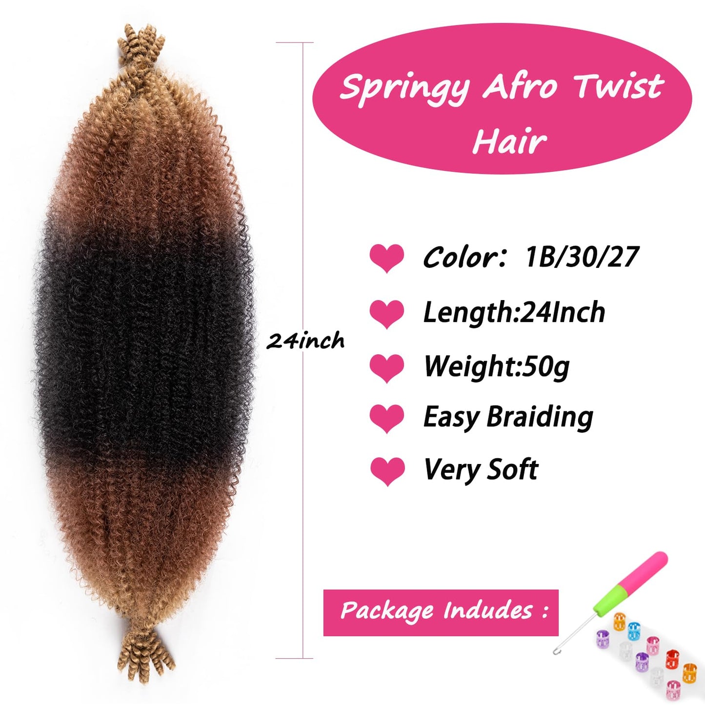 24 Inch Springy Afro Twist Hair 3 Packs 1B/30/27 Pre-Separated Marley Twist Braiding Hair Suitable for Damaged Kinky Afro Twist Hair chromatism Synthetic Wrapping Hair for Soft Locs Hair Extensions