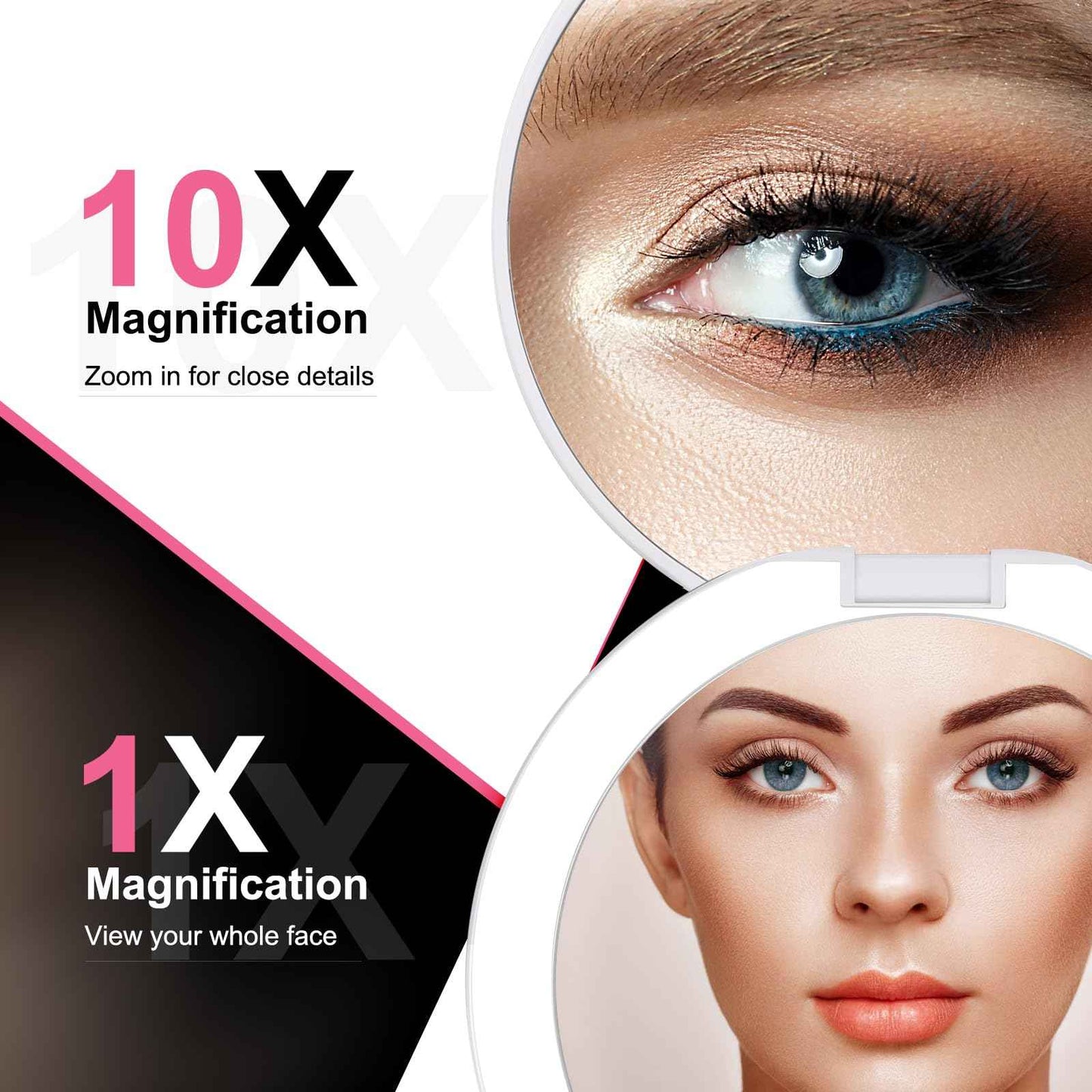 Rechargeable Compact Lighted Travel Makeup Mirror - 5-inch 1x/10x Magnifying Compact Mirror - Touch Screen, 3 Color Lighting & Brightness Stepless Dimmable, w/ Tweezers & Portable Bag, Ideal Gift