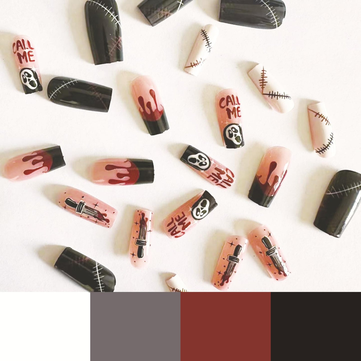 Coffin Fake Nails Medium Length Press on Nails Halloween False Nails with Ghost Knife Blood Patch Designs French Stick on Nails Full Cover Glossy Acrylic Fake Nails Horrible Halloween Artificial Nails