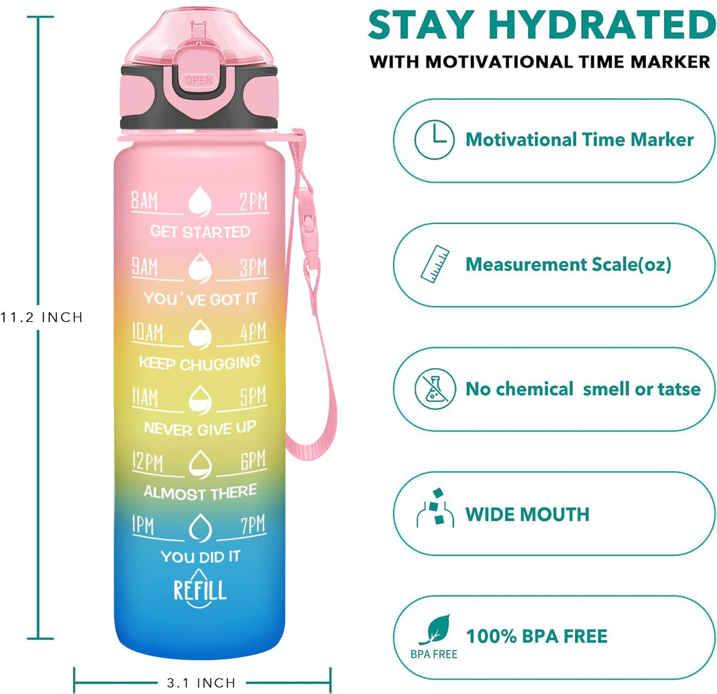 Enerbone 32 oz Drinking Water Bottle with Times to Drink and Straw, Motivational with Carrying Strap, Leakproof BPA & Toxic Free, Ensure You Drink Enough Water for Fitness Gym Outdoor