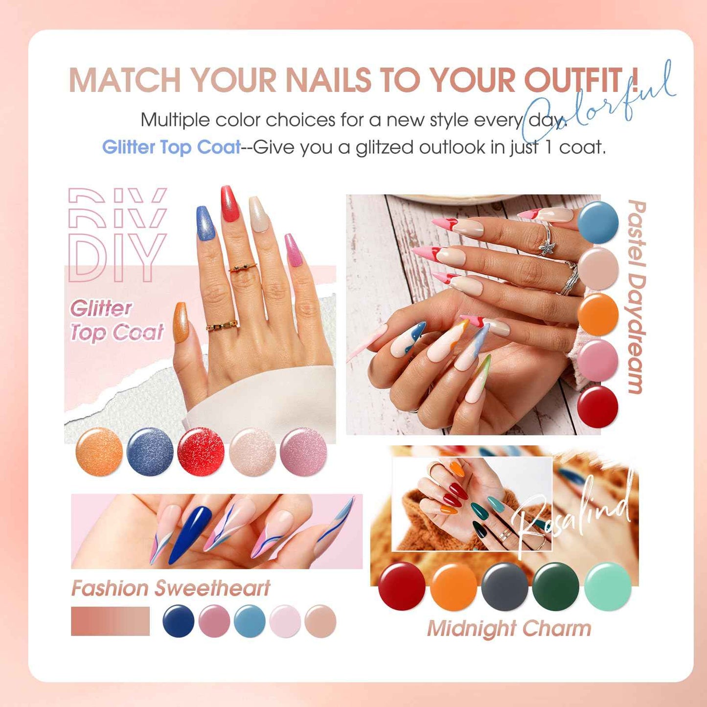 ROSALIND 30PCS Gel Nail Polish Set with Base Glossy Matte and Glitter Top Coat Gel Polish, Green Pink Fall Winter Gel Nail Set Soak Off Gel Polish Set