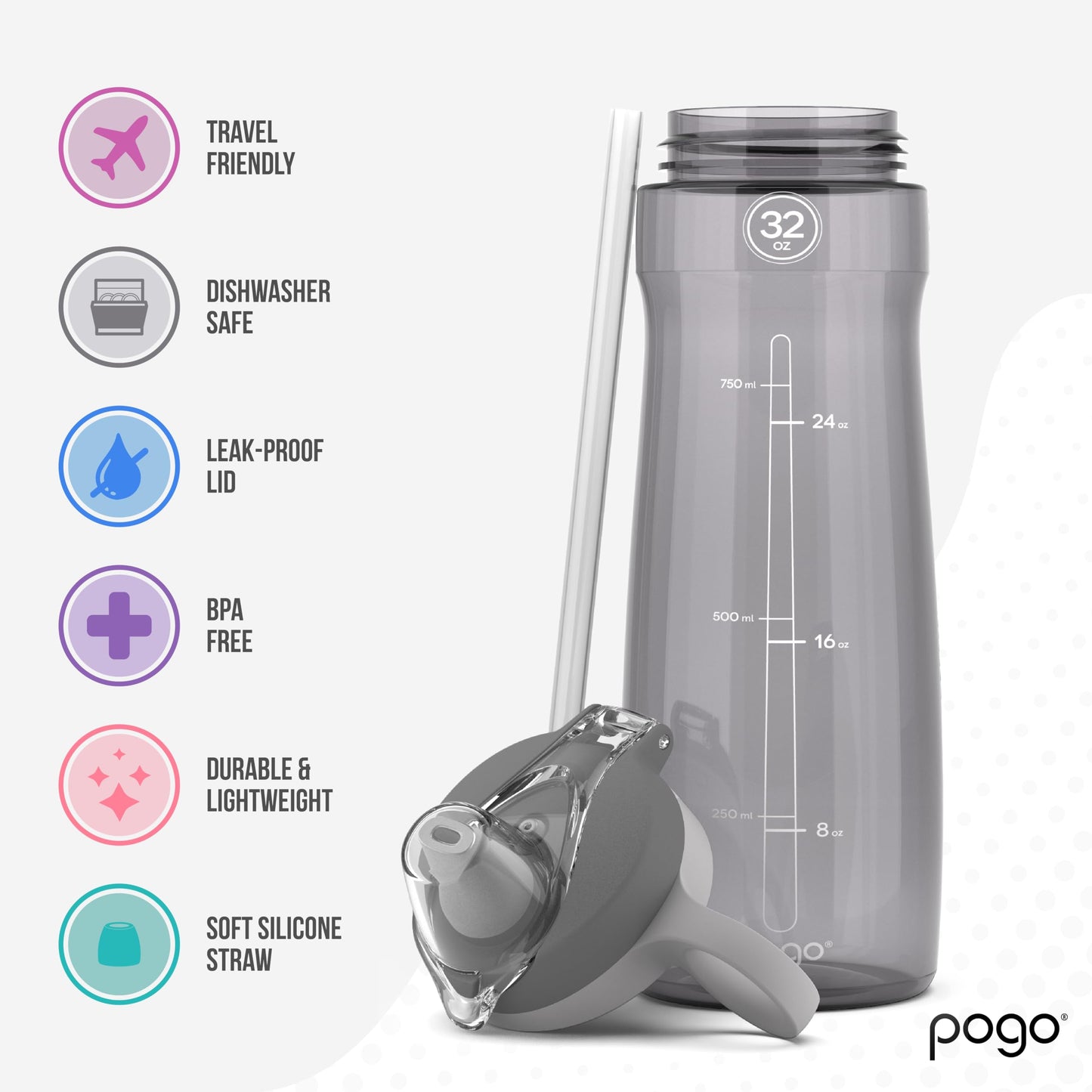 Pogo BPA-Free Tritan Plastic Water Bottle with Soft Straw, 32 Oz, Grey