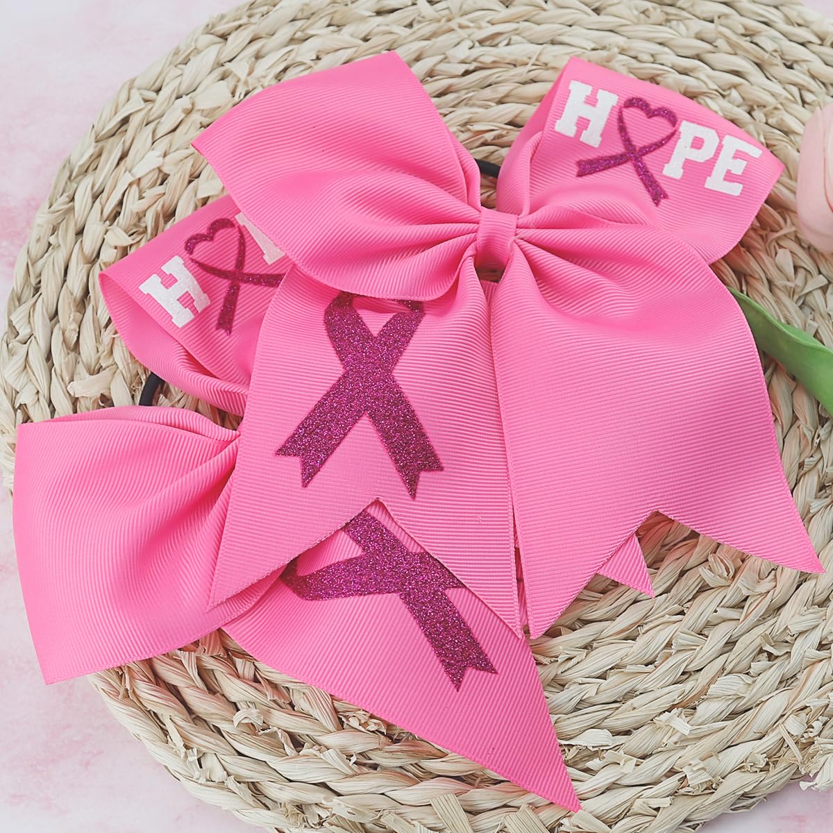 2PCS 7" Large Breast Cancer Awareness Cheer Hair Bows, Glitter Pink Ribbon Bow Ponytail Holder for Cheerleader Girls Cheerleading Hair Accessories Elastic Hair Band for Kids Women Breast Cancer Month