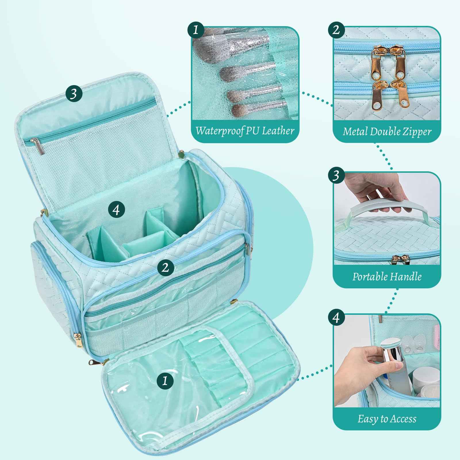 HDKJDPG Large Makeup Bag Organizer with Brush Storage,Travel Makeup Bag with Compartments for Travel Cosmetic Bags for Women (Blue)