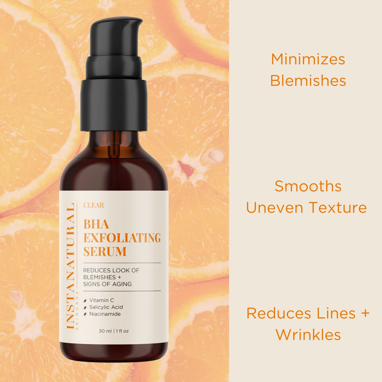 InstaNatural BHA Exfoliating Face Serum, Minimizes Lines, Wrinkles, and Blemishes, with Vitamin C and Salicylic Acid, 1 Fl Oz