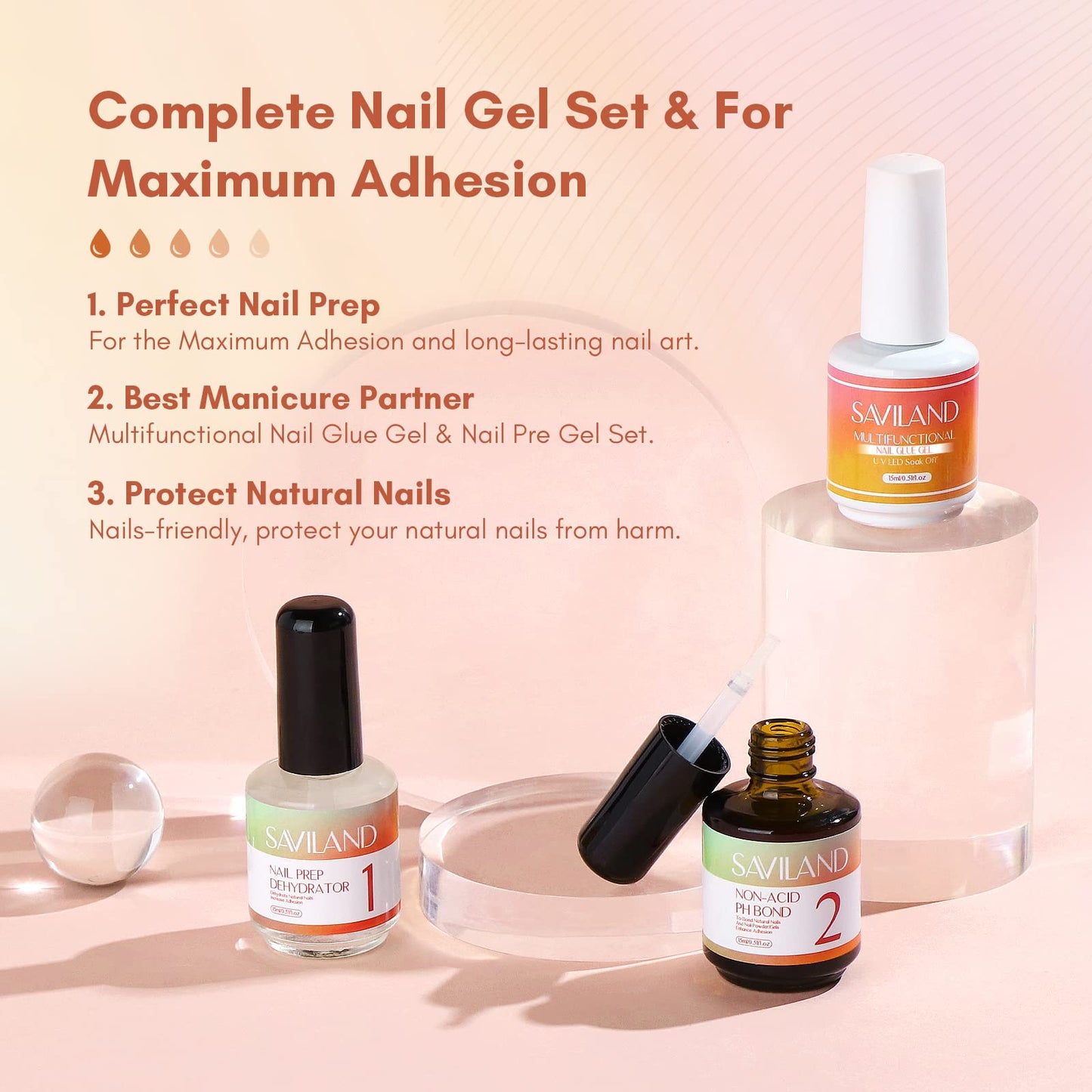 SAVILAND Gel X Nail Glue Nail Primer and Dehydrator - 15ml Natural Acid-Free Primer Dehydrator for Gel Nails Gel Nail Glue Nail Prep for Press Ons 6-in-1 Nail Glue for Nail Extension DIY Nail Art