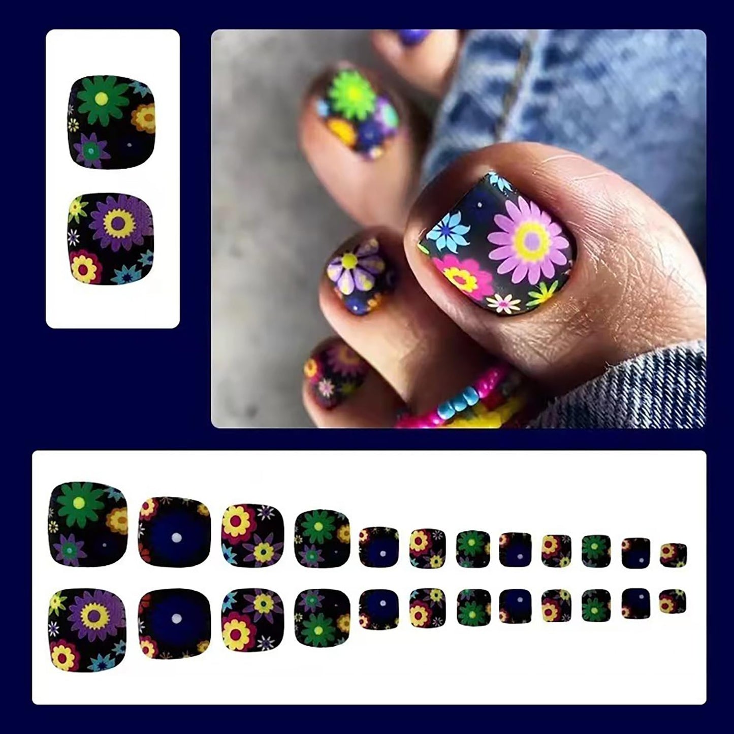 Summer Press on Toenails Short Square False Nail Black Full Cover Designs Colorful Floral Cute Fake Toe Nails Reusable Glossy Acrylic Fake Toe Nails Art Kits for Women Girls 24Pcs