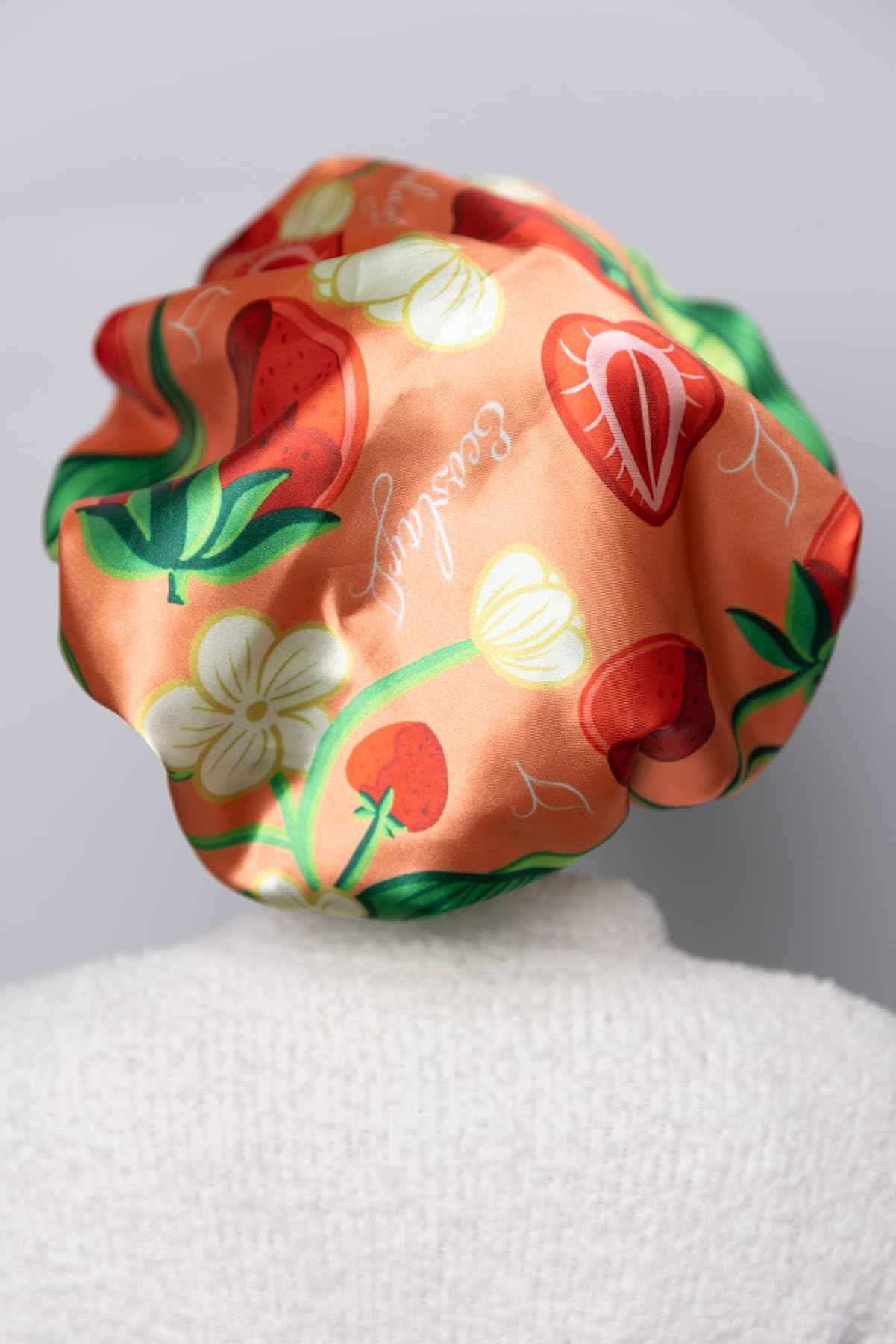 Ecoslay Reversible Satin Hair Bonnet, Strawberry and Orange Print Design, Large (Orange)