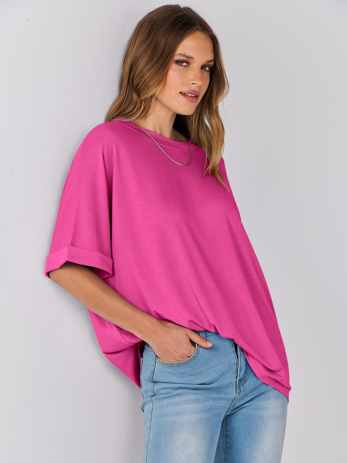 ANRABESS Women's Oversized T Shirts Short Sleeve Crewneck Summer Tops Casual Loose Basic Tee Shirts 2024 Trendy Clothes Hot Pink Small