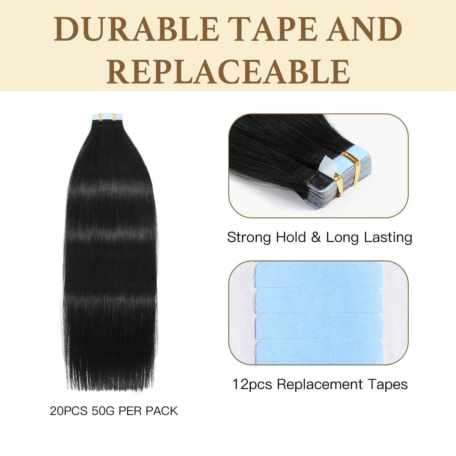 Sunfly Tape in Hair Extensions Human Hair 16 Inch Jet Black 20 Pieces Invisible Hair Extensions Tape Ins Seamless Adding Length 50g
