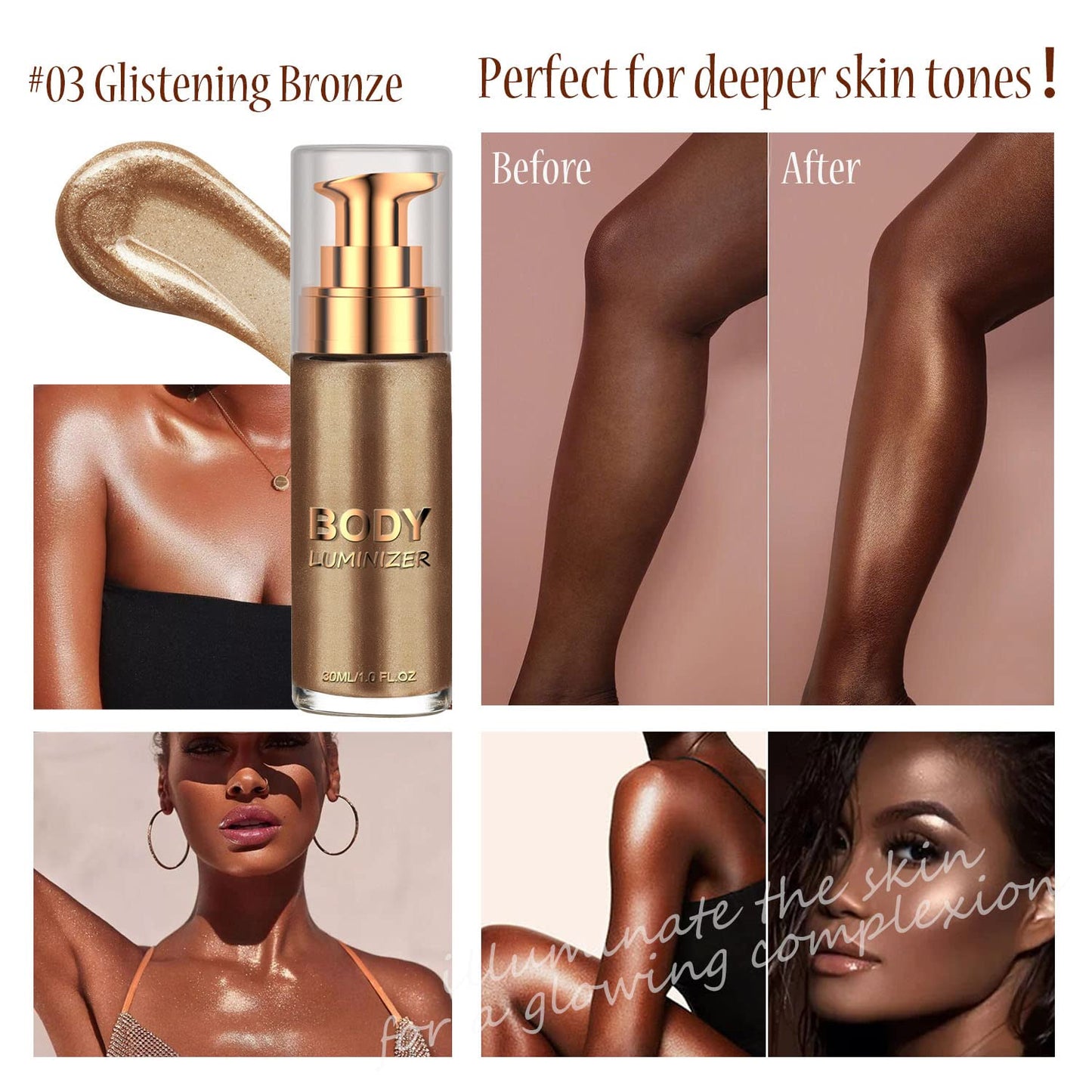 2 Pcs Liquid Illuminator, Body Shimmer Highlighter Makeup Waterproof Smooth Shimmer Glow Liquid Foundation Moisturizing for Face & Body,Smooth Body Shimmer Lotion（Glistening Bronze+Champagne Gold）