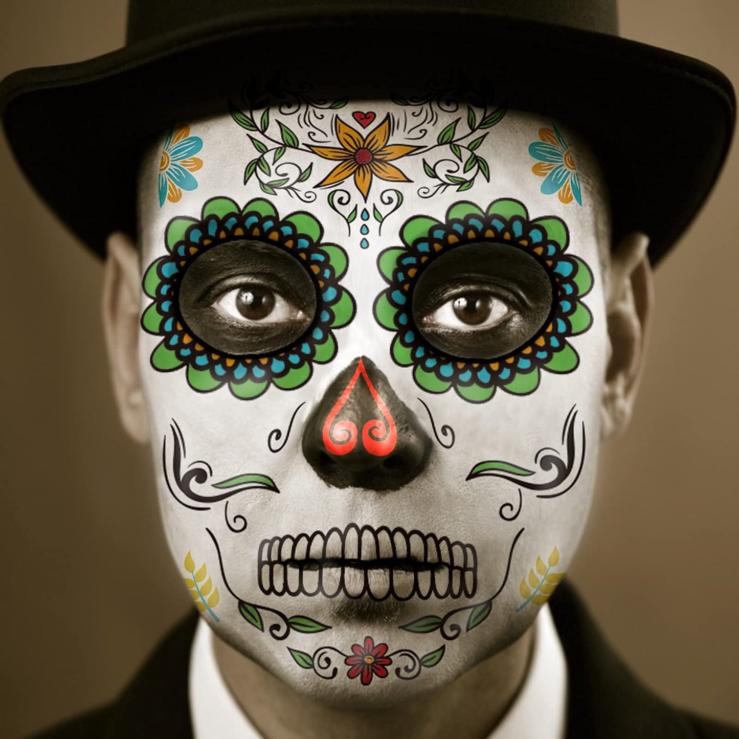 Day of the Dead Face Tattoos Makeup- Halloween Costume for Women Men Adults Kids |Halloween Skeleton Dia De Los Muertos Temporary Tattoos | 10 PCS Red Rose Sugar Skull Face Tattoo Decor Stickers Kit