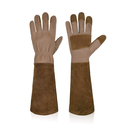 HANDLANDY Long Gardening Gloves for Men & Women, Cowhide Leather Rose Pruning Gloves- Breathable & Durable Gauntlet Gloves (Small, Brown)