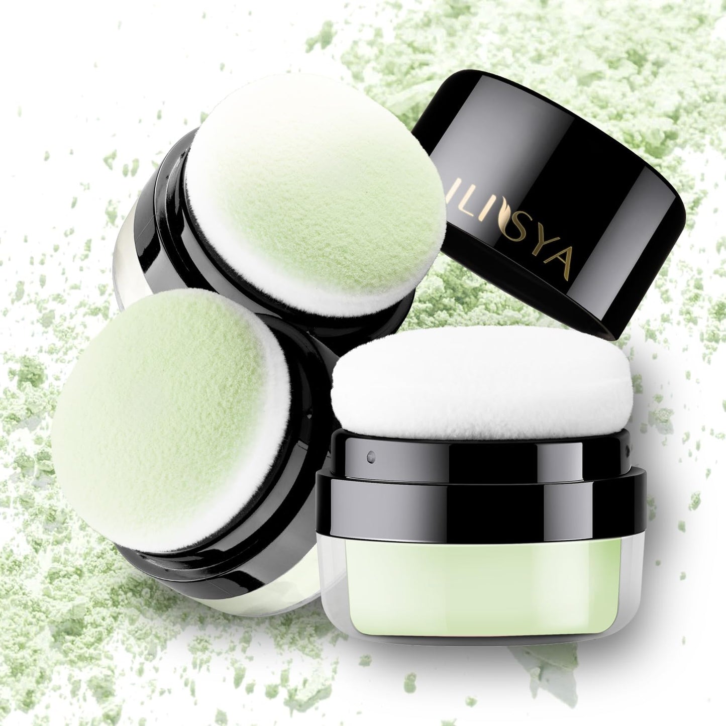 Setting Powder Lightweight Loose Powder Finishing Powder Long-Lasting Face Powder Waterproof with Soft Mushroom Powder Puff & Mirror, Translucent Finish (Light Green/Translucent)-3 Boxes