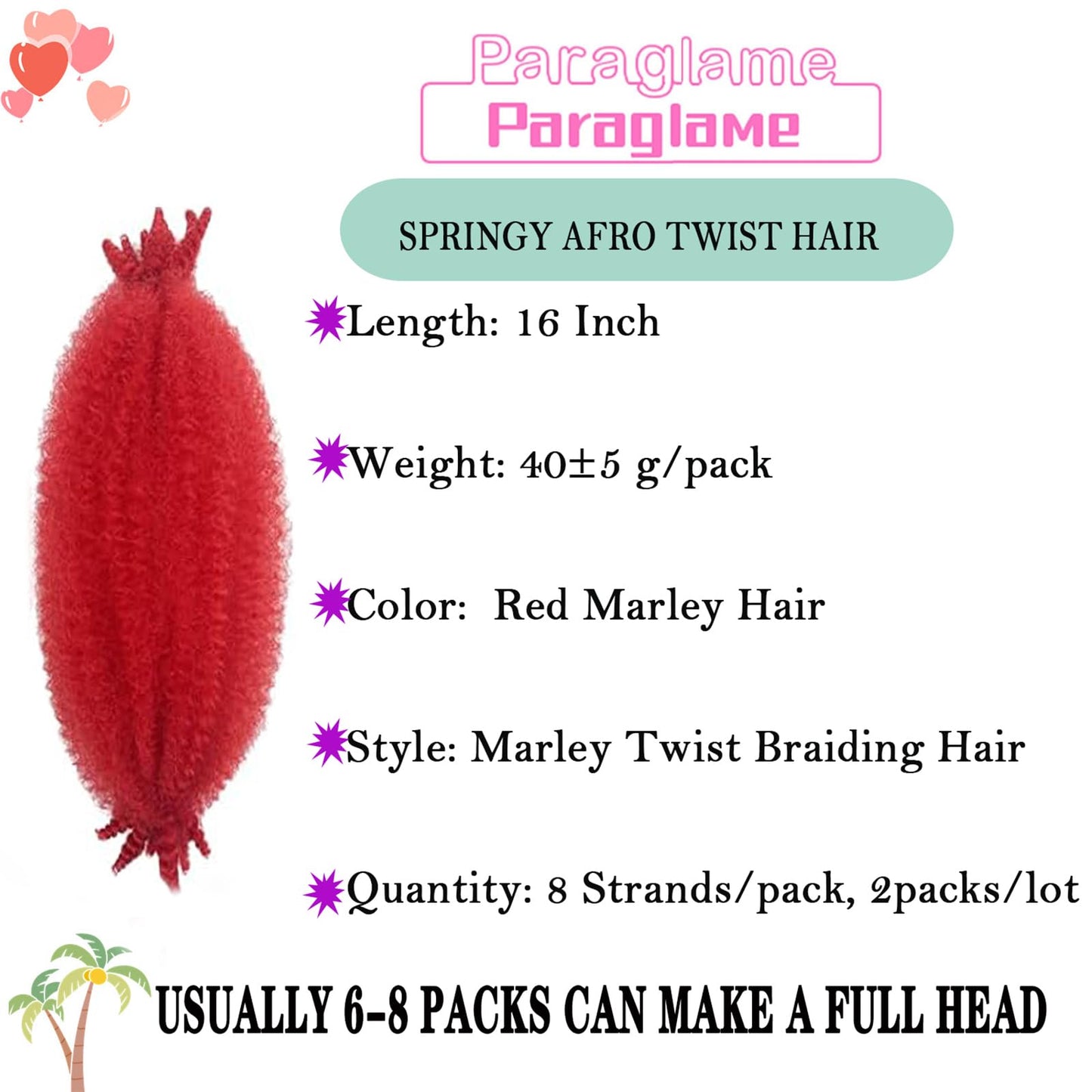 Paraglame Red Marley Hair 16 Inch Springy Afro Twist Hair 2 Packs Marley Twist Braiding Hair for Faux Locs Crochet Hair Red Braiding Hair Extensions for Black Women (16Inch(Pack of 2), Red)