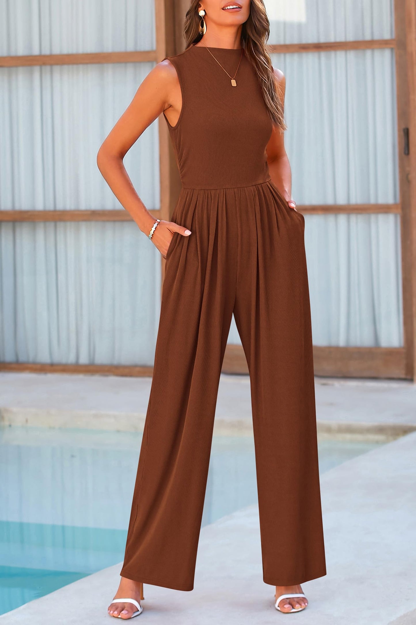 PRETTYGARDEN Womens Summer Jumpsuits Dressy Casual One Piece Outfits Sleeveless Mock Neck Wide Leg Pants Rompers with Pockets (Brown,Small)