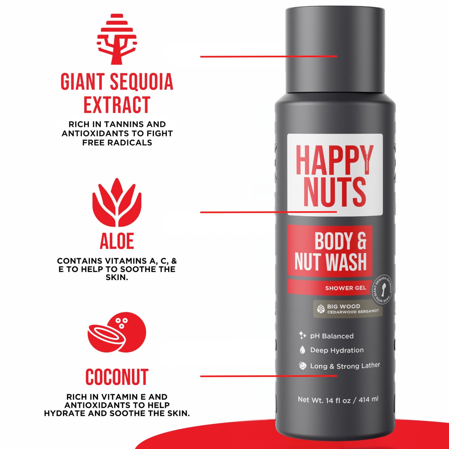 HAPPY NUTS Big Wood Body and Nut Wash - Moisturizing Men's Shower Gel, Natural Bodywash with Deep Cleanse for Sensitive Skin - Men's Body Soap (2 Pack, Big Wood)