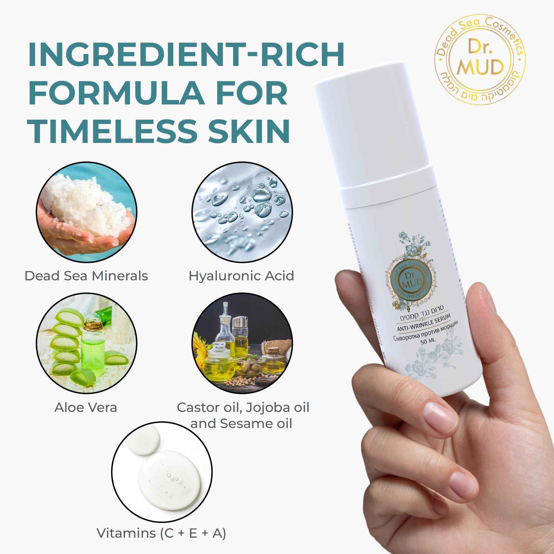 Dr Mud Anti aging Brightening Serum for Wrinkles, Dark Spots, Eye Area & Fine Lines - with Dead Sea Minerals, Hyaluronic Acid, Aloe Vera, Vitamin E & Vitamin A, Caster, Jojoba & Sesame Oil - 50 ml
