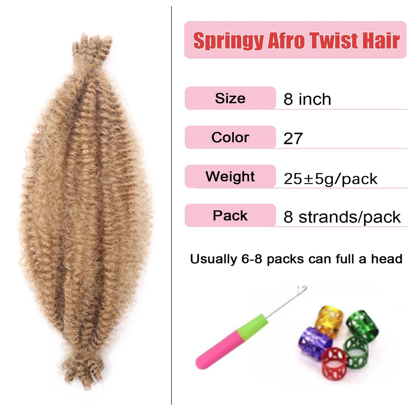 Springy Afro Twist Hair 8 Inch 7 Packs Marley Hair Pre fluffed Spring Twist Hair for Distressed Soft Locs Pre separated Crochet Braiding for Black Women(8inch, 27-7)