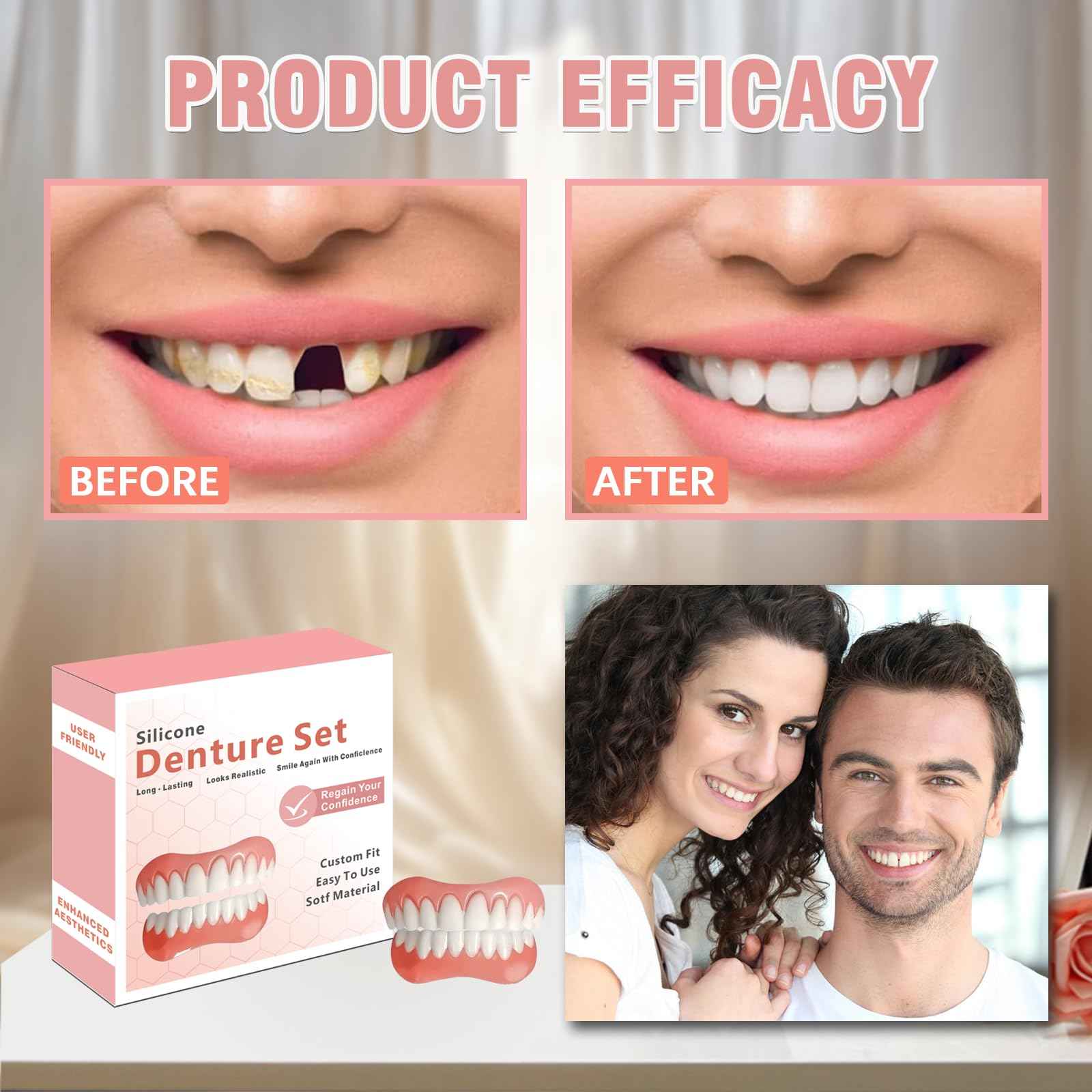 Dentures for Women and Men, Silicone Dentures Upper and Lower, Fix Your Smile at Home Within Minutes, Natural Shade False Teeth & Veneers