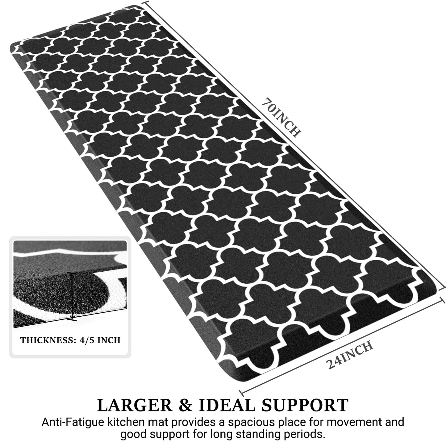 WISELIFE Anti Fatigue Floor Mat - 4/5 Inch Thick Kitchen Mat Non Slip Waterproof Heavy Duty Ergonomic Comfort Mat Durable for Home, Office, Sink, Laundry,(24" x 70", Black)