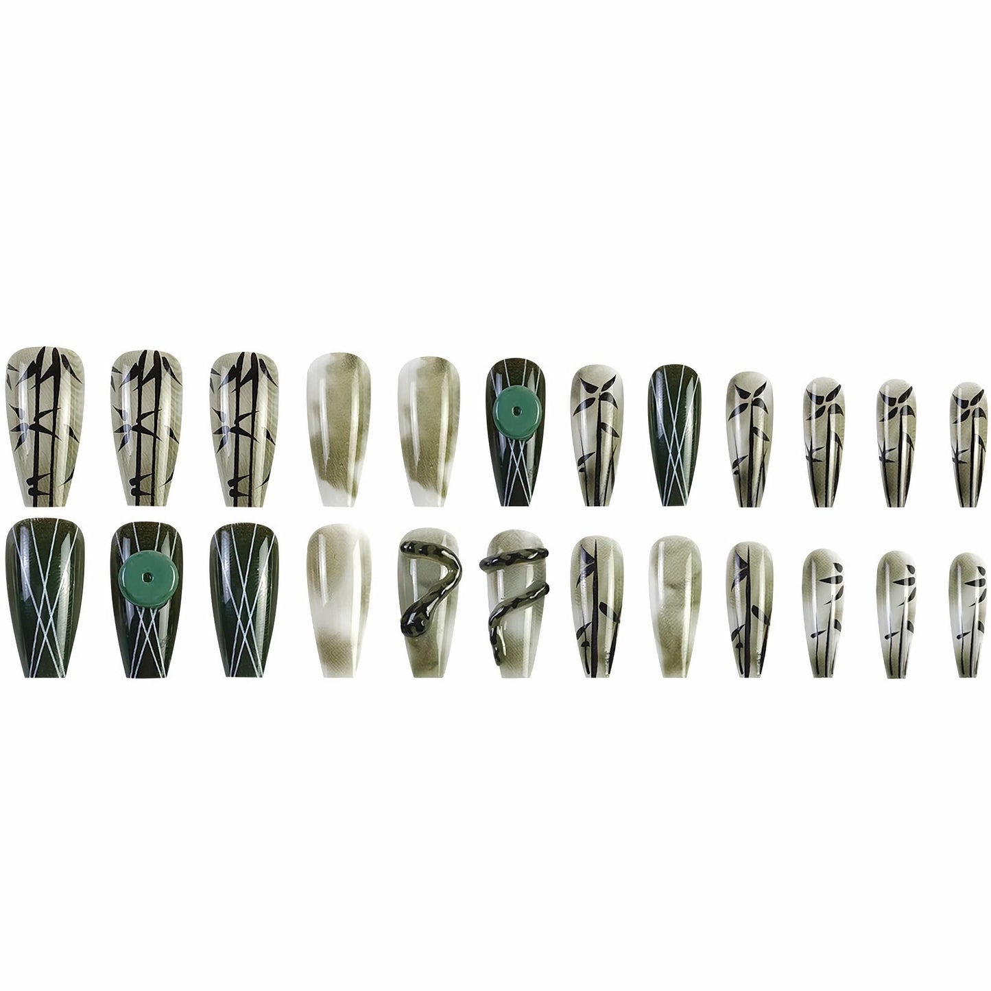 MERVF Coffin Long Press on Nails Green Fake Nails Press ons Gradient Glue on Nails with Chinese Style Design Snake Bamboo Ballerina Acrylic Nails Glossy 24pcs